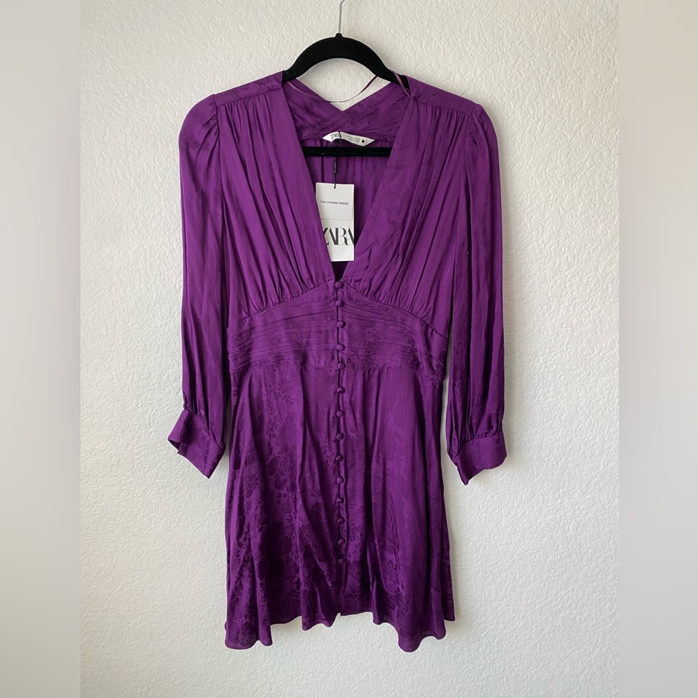 NWOT Zara louisse button satin mini dress in purple